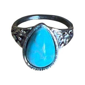 Vintage Turquoise Style Teardrop Ring approx sz 4.5 Silver Tone Costume sotuhwes